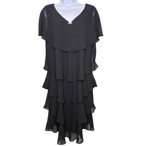 Patra Womens Black Tiered Chiffon Dress Rhinestone Brooch Size 12 Special Event